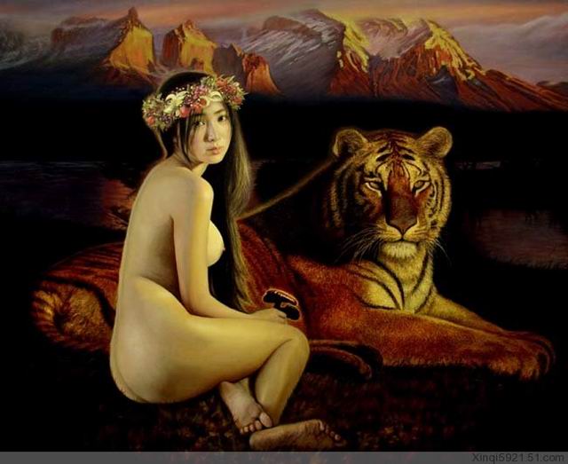 人體藝術之女人與老虎
