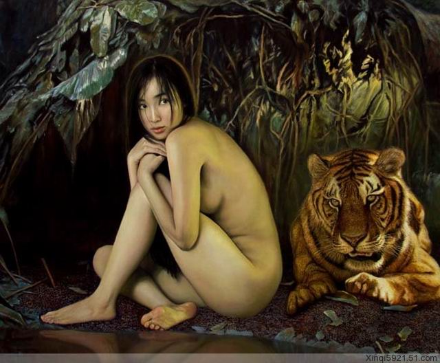人體藝術之女人與老虎